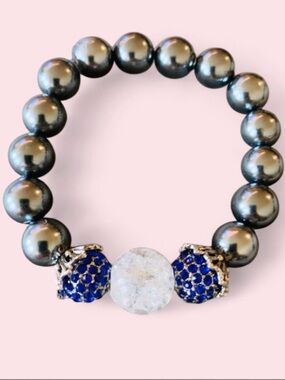 Handmade Blue Hematite & White Crystal w Silver Cuffs Bracelet